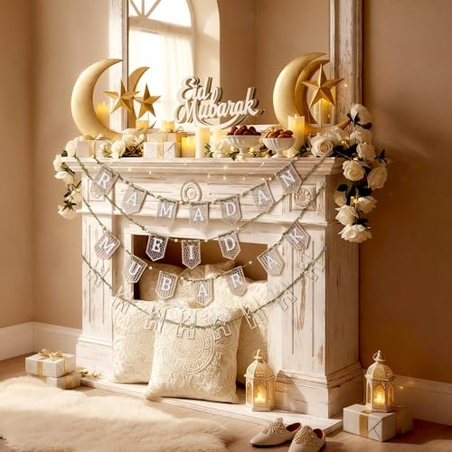 4 Pcs Ramadan Eid Mubarak Wood Bead Garland Eid Mubarak Ramadan Hanging Banner Garland Farmhouse Wooden Rustic Neutral Hanging Decor for Party Fireplace Home Wall Sign Decoration