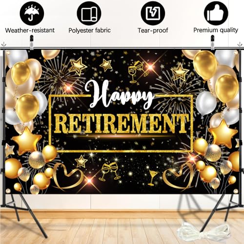 Retirement Party Decorations – 71x44 Inch Happy Retirement Banner Backdrop with Black & Gold Design, Includes 19.69ft Ribbon for Photo Booth, Studio Props & Party Decor
