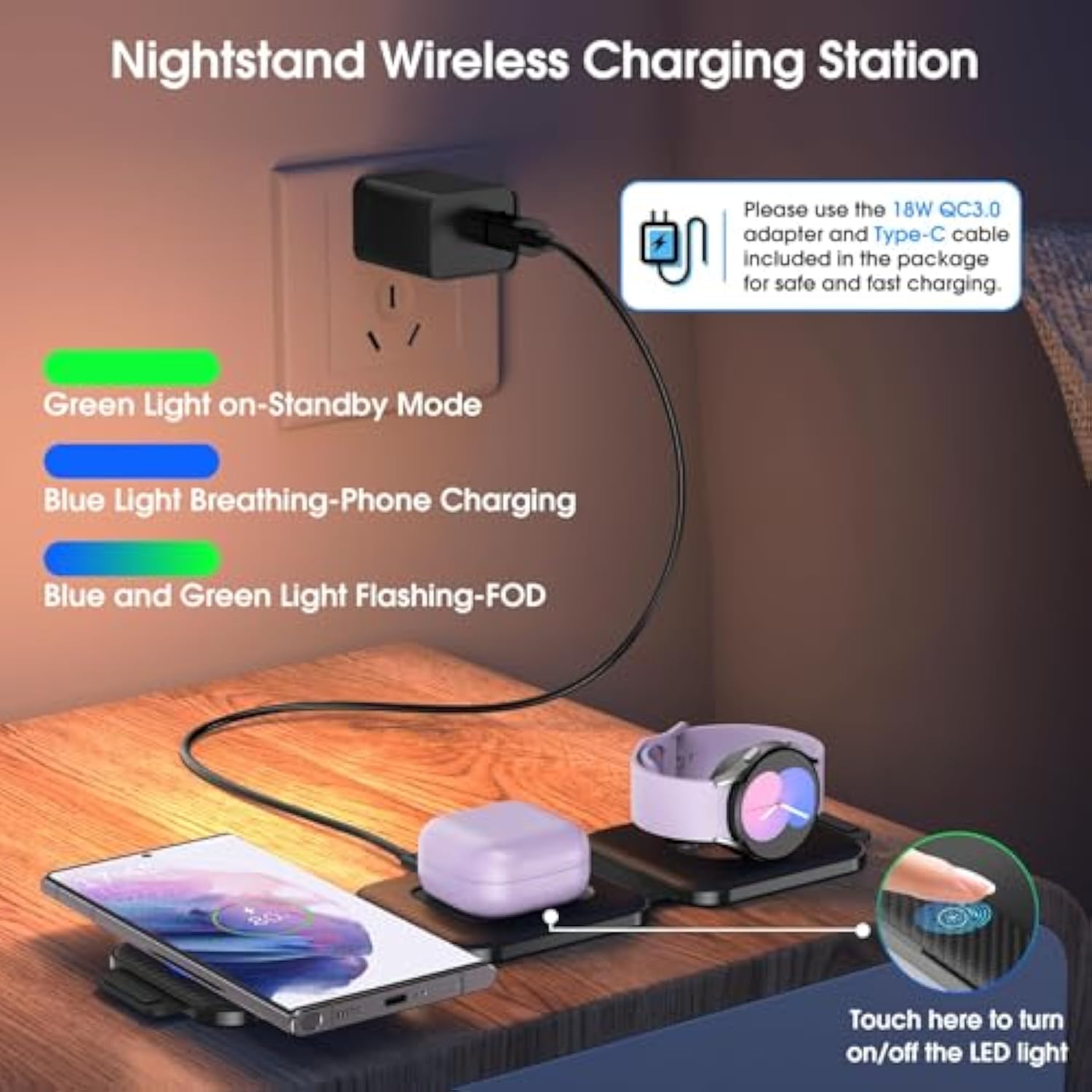 Pocket Wireless Charger For Samsung Android Phone, Foldable Travel Wireless Charging Station/Stand Compatible For Samsung S25 Ultra/S24/Z Flip 6/5, Watch Charger For Samsung Watch 7/Buds Pro3/2(Balck)