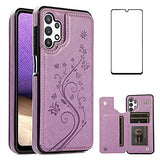 Phone Case For Samsung Galaxy A32 5G 6.5 Inch With Tempered Glass Screen Protector Card Holder Wallet Cover Stand Flip Leather Cell Accessories Glaxay A 32 32A S32 G5 A326U Cases Women Girl Purple