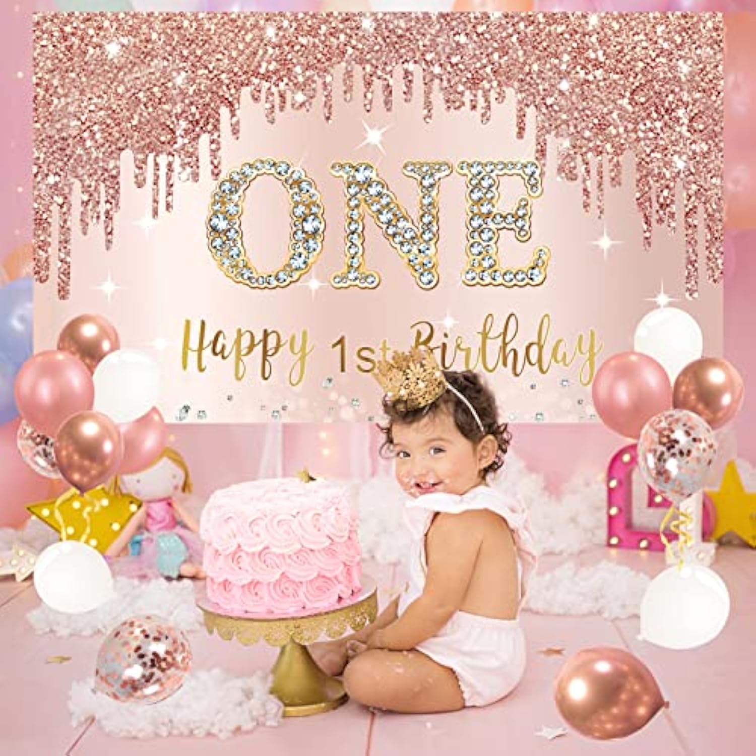 Happy 1St Birthday Banner Backdrop Decorations With Confetti Balloon G