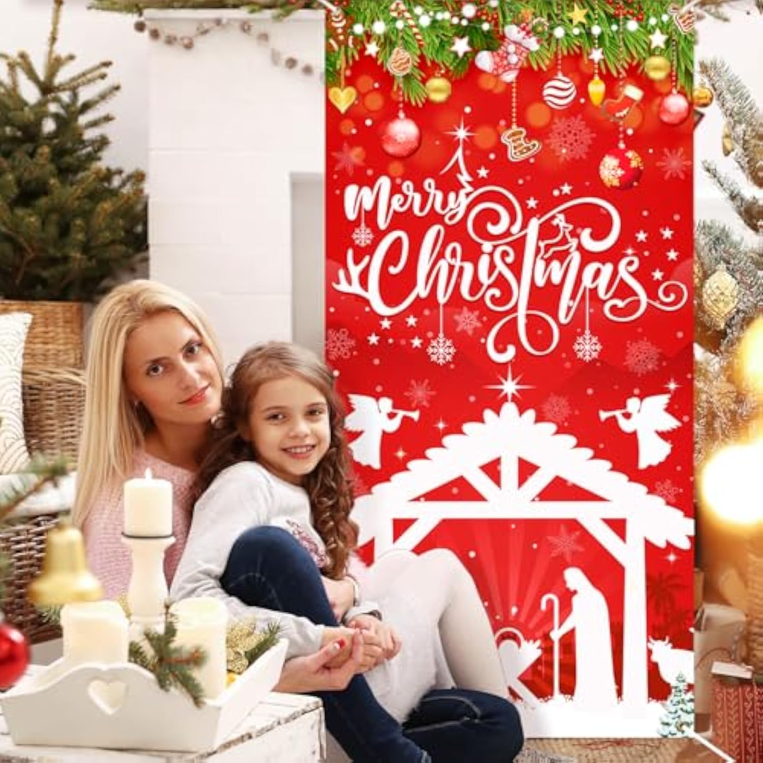 Christmas Nativity Door Cover Decorations Red Religious Merry Christmas Banner Jesus Christmas Decorations For Winter Xmas Party Indoor Outdoor