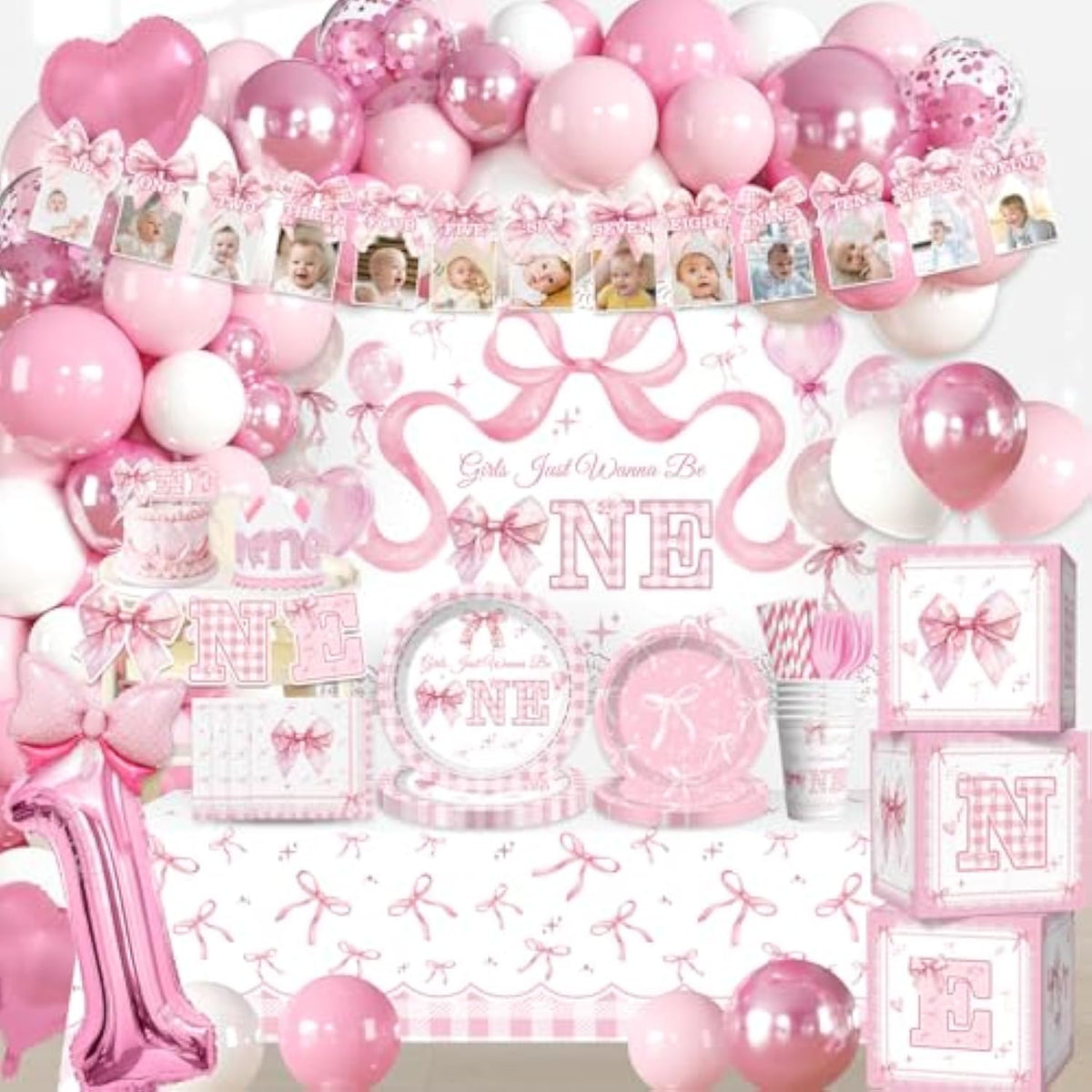 235 Pcs Pink Bow 1St Birthday Decorations, All-In-1 Supplies Pack, Includes 20 Girls Just Wanna Be One Theme Tableware, 1St Party Hat, High Chair Banner, For Pink 1St Birthday Bow Theme