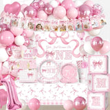 235 Pcs Pink Bow 1St Birthday Decorations, All-In-1 Supplies Pack, Includes 20 Girls Just Wanna Be One Theme Tableware, 1St Party Hat, High Chair Banner, For Pink 1St Birthday Bow Theme