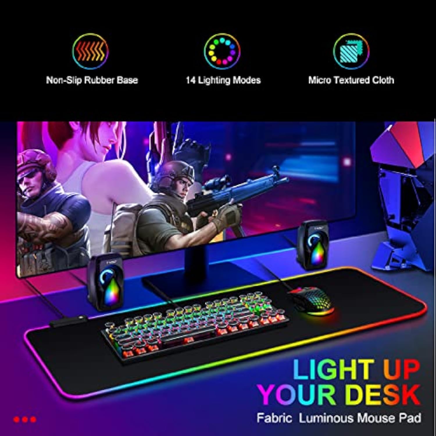 Talk Works Extra Large Rgb Gaming Mousepad - Non-Slip Rubber Base, Micro-Textured Durable Cloth, 7 Colors, 14 Lighting Modes, On/Off Light Switch, Usb Device Interface - 12 X 31.5 Inches, Black