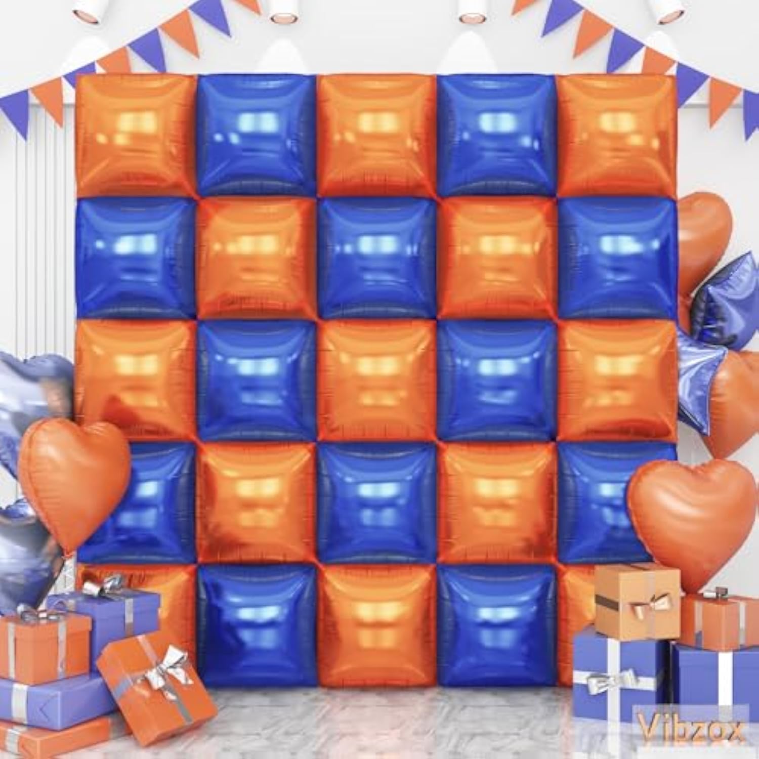 Blue And Orange Square Foil Balloons Wall, Double Sided Chrome Deep Blue And Orange Balloons Tunnel Arch Kit Backdrop For Boys Birthday Graduation Baby Shower Blue Birthday Party Decorations