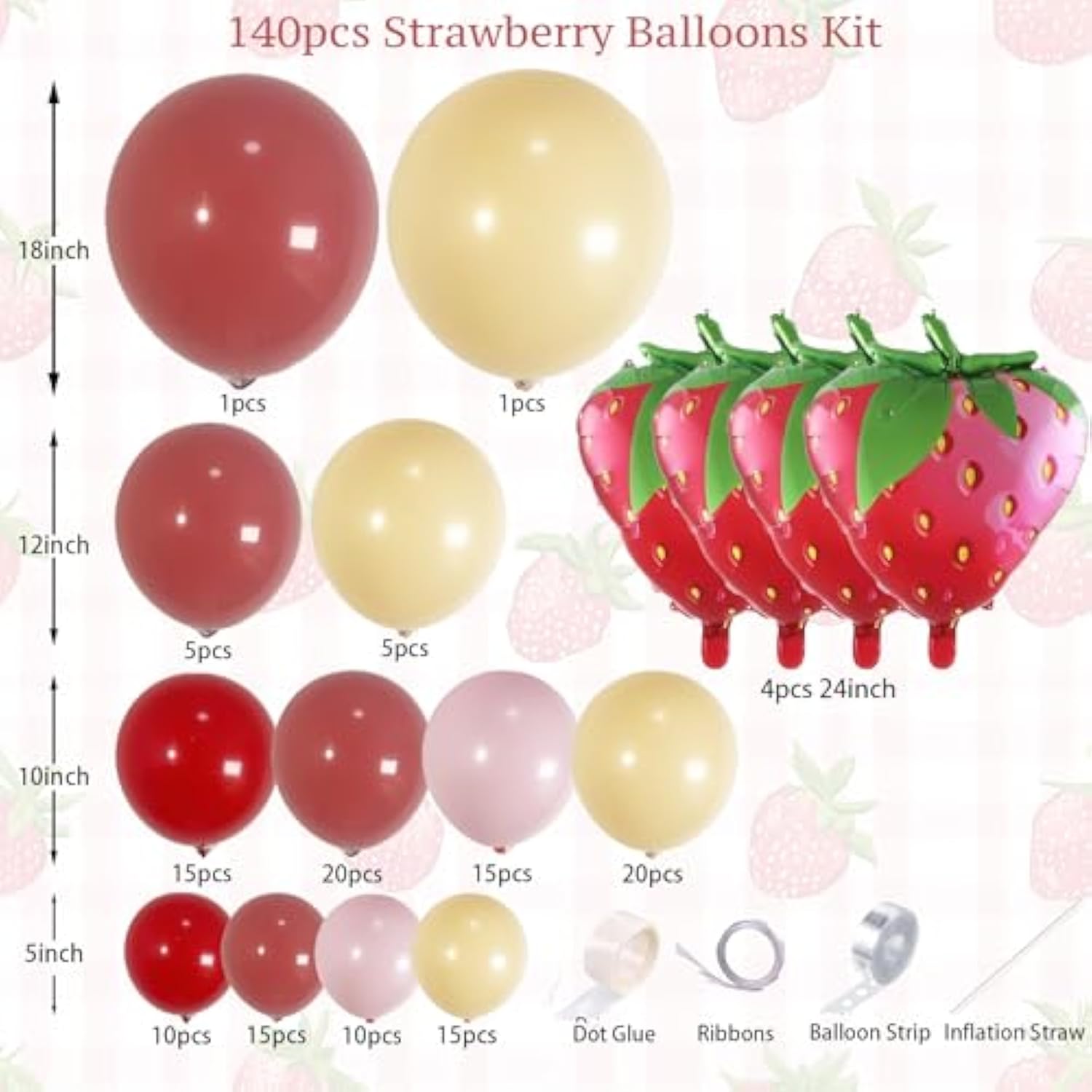 140Pcs Strawberry Balloon Arch Garland Kit With Red Pink Nude Strawberry Balloon For Berry First Baby Shower Themes, Birthday Decorations, Valentine'S Day Party Supplies