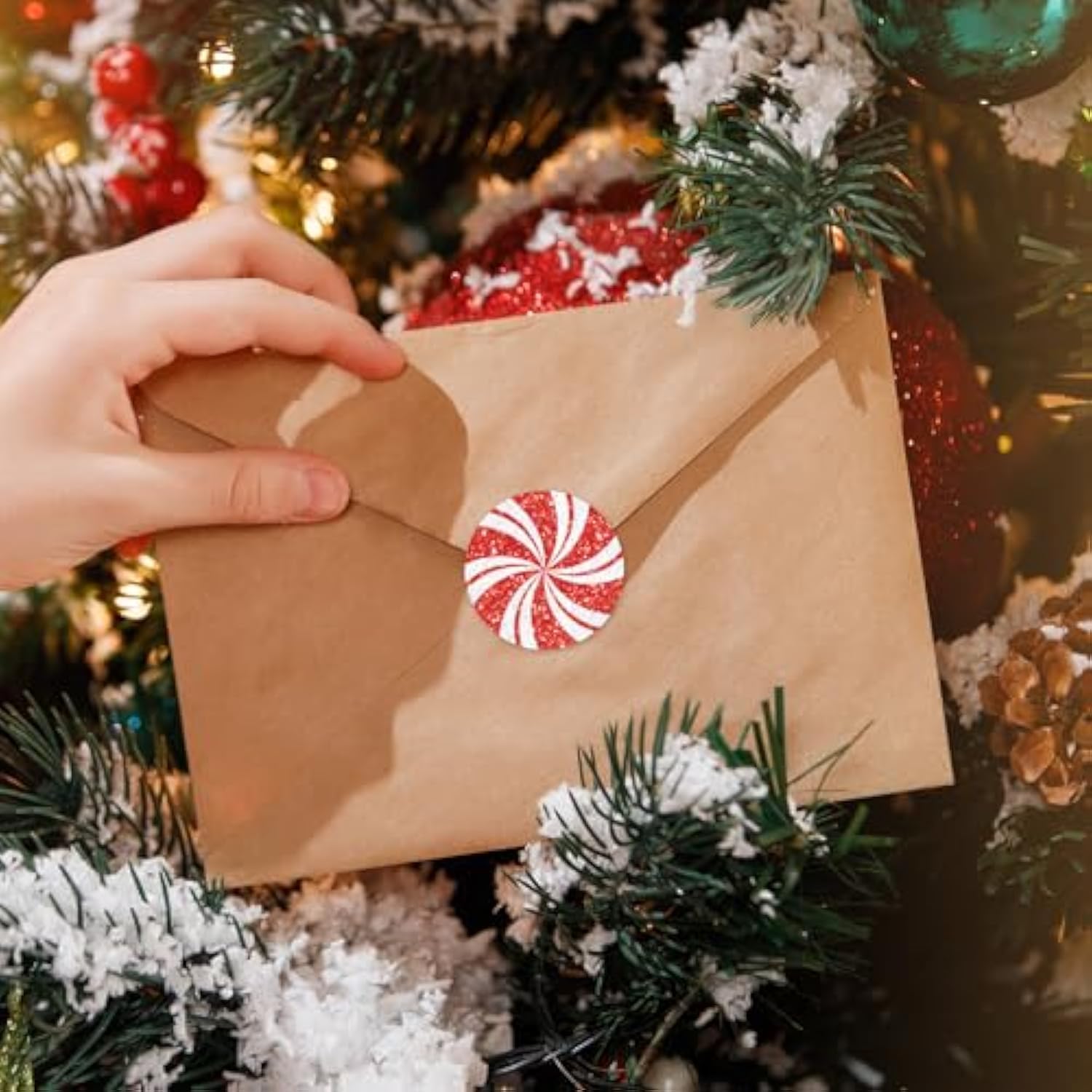 500Pcs Christmas Stickers Glitter Peppermint Candy Envelope Seal Decals Red White Self-Adhesive Xmas Paper Labels For Winter Holiday Invitation Greeting Card Scrapbook, 1.5 In