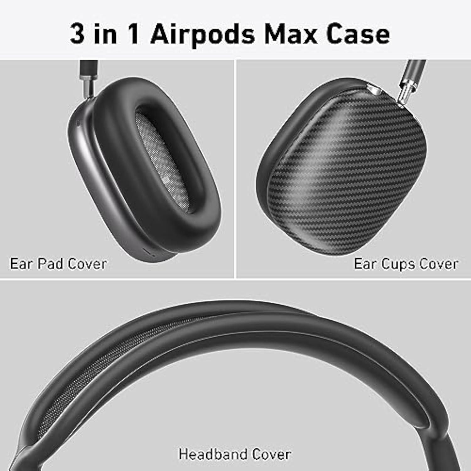 TPU Case Cover for AirPods Max Headphones, Matte Black Carbon Fiber Texture, Premium Protection