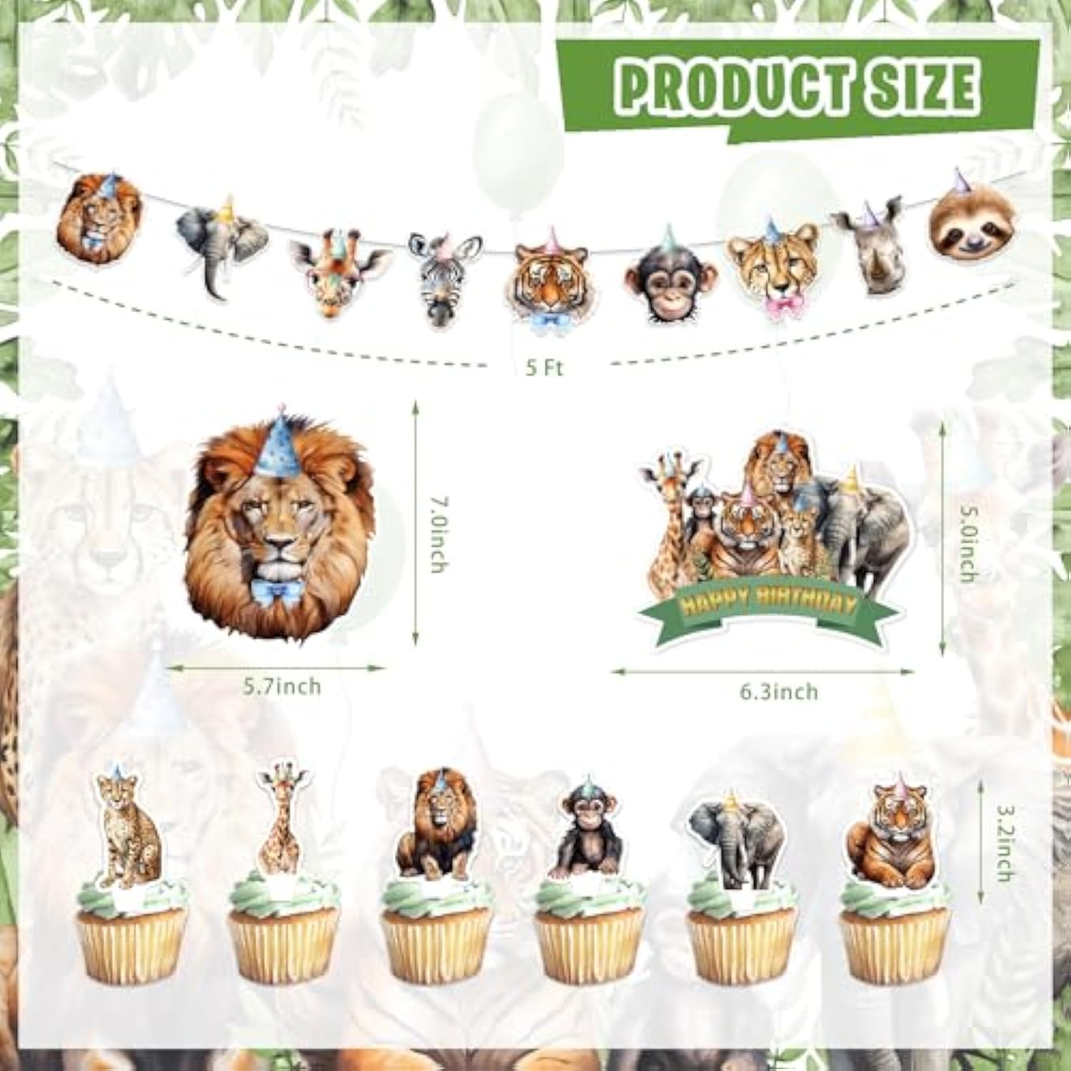 127Pcs Jungle Safari Birthday Decor Backdrop Banner Cake Cupcake Toppers Leaves