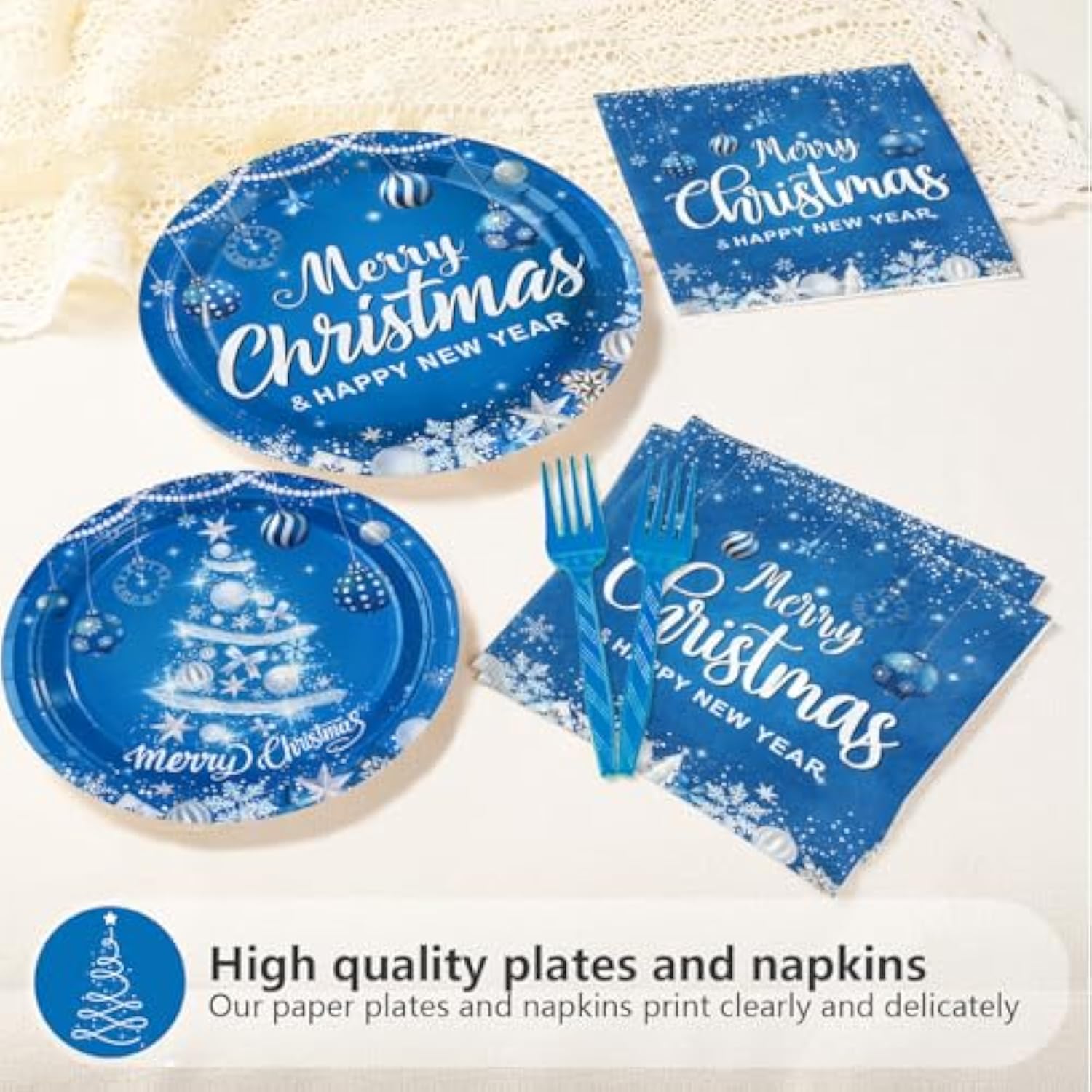 96 Pcs Blue Christmas Party Supplies Happy New Year Paper Plates And Napkins Xmas Tree Tableware Set For Winter Holiday Birthday New Year'S Christmas Parties Decorations, Serves 24