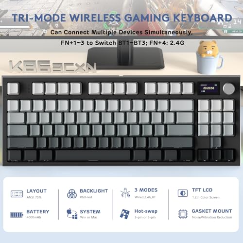 K86 Rgb 75% Wireless Gasket Mechanical Keyboard,3-Mode Bluetooth5.0/2.4G/Usb-C Hot Swappable Gaming Keyboard Side Print Keycaps,4000 Mah Battery Knob&Display,Linear Switches-Moonlight