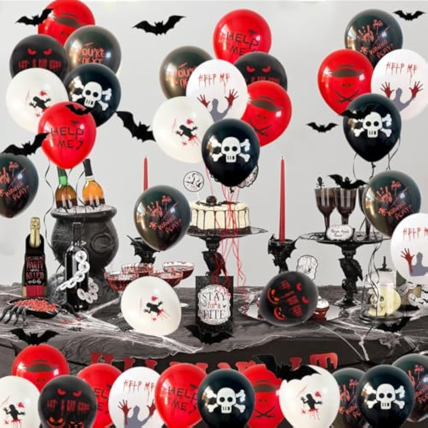 61pcs Halloween Scary Party Balloons Black Red Bloody Handprint Skeleton Skull Bats Party Decor