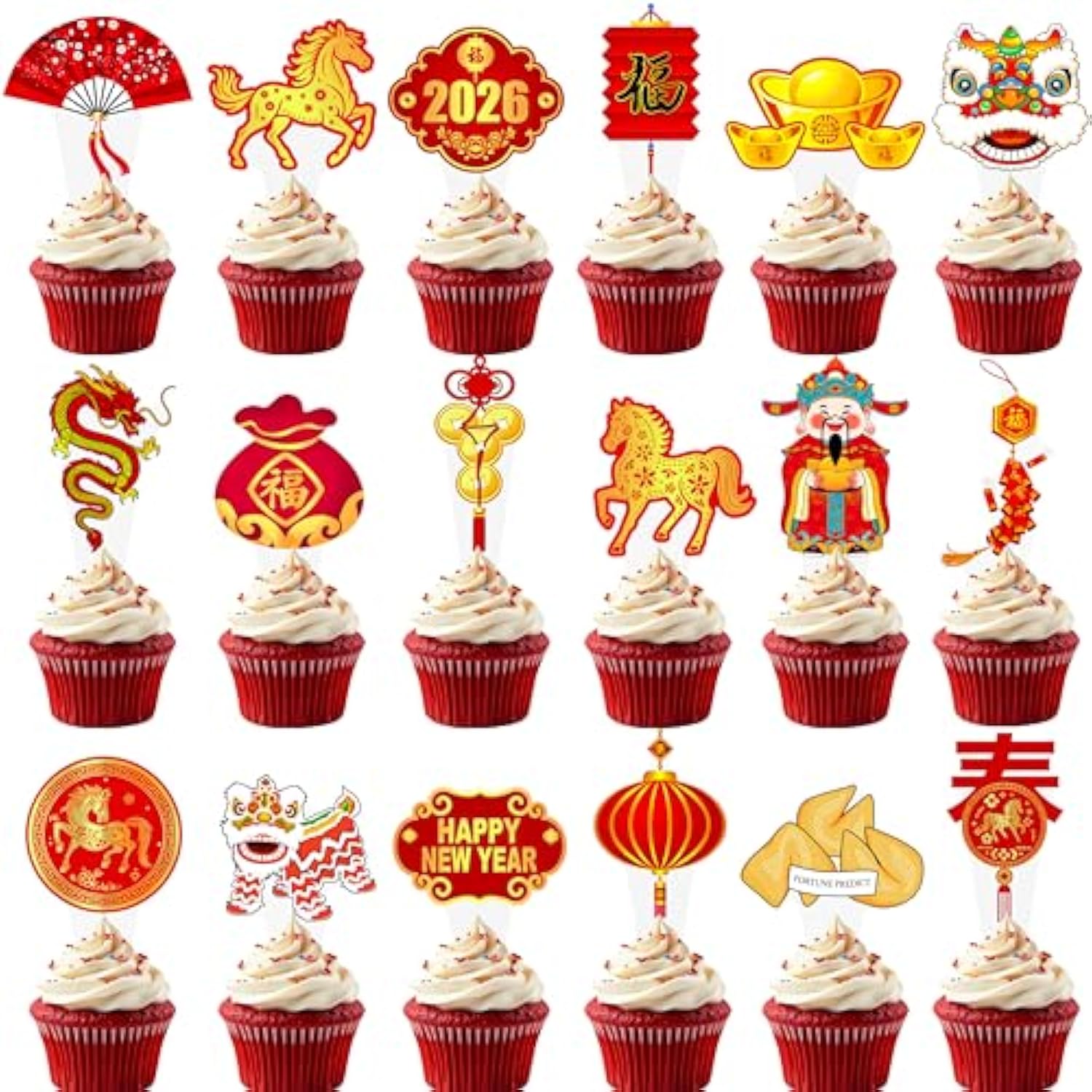 48pc Happy Chinese New Year Cupcake Toppers Year of the Horse Lunar Party