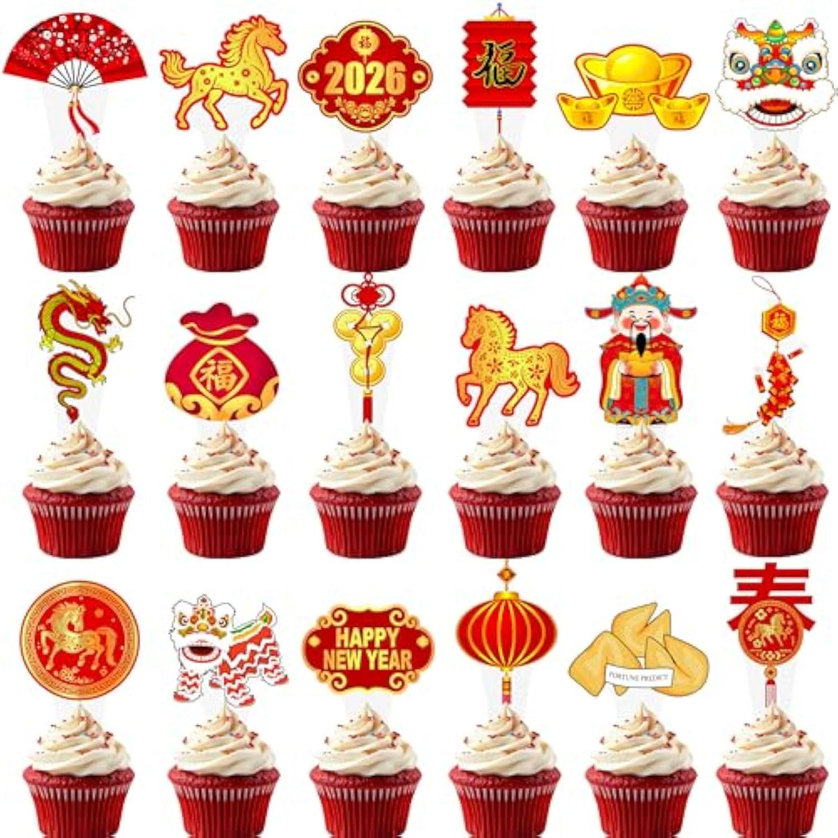 48pc Happy Chinese New Year Cupcake Toppers Year of the Horse Lunar Party