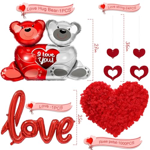 Valentines Balloons Kit, Red Love Balloons and Love-Bear Red Heart Balloons with 1000 Pcs Red Silk Rose Petals for Valentines Day Balloons Decorations Anniversary Decorations Romantic