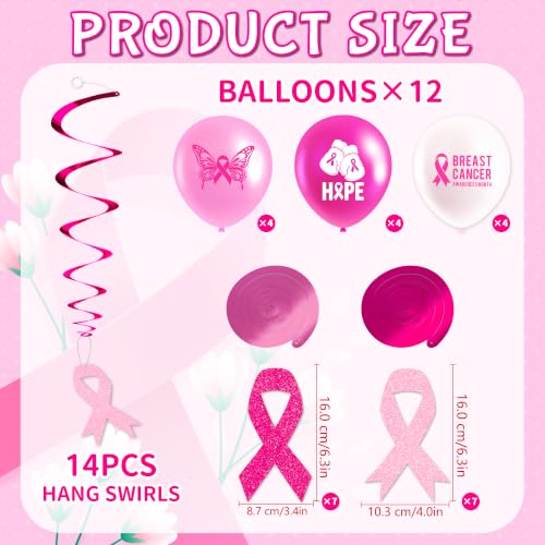 44 Pcs Breast Cancer Awareness Decorations Banner Balloons Hanging Swirls