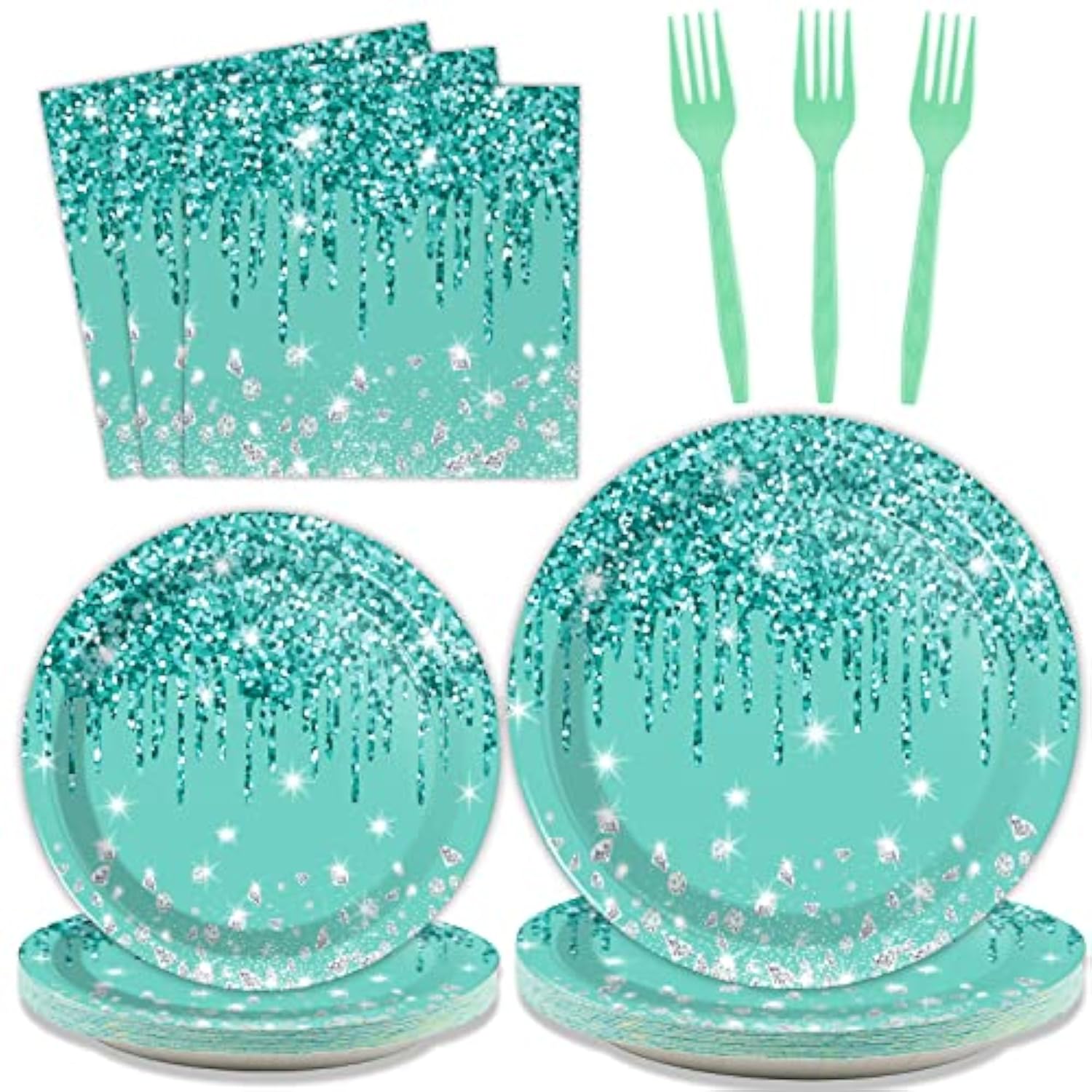96 Pcs Teal And Silver Tableware Set For 24 Guests Happy Birthday Table Decorations Breakfast Blue Birthday Theme Dessert Plates Napkins Forks For Girls Women Silver Glitter Birthday Party Supplies