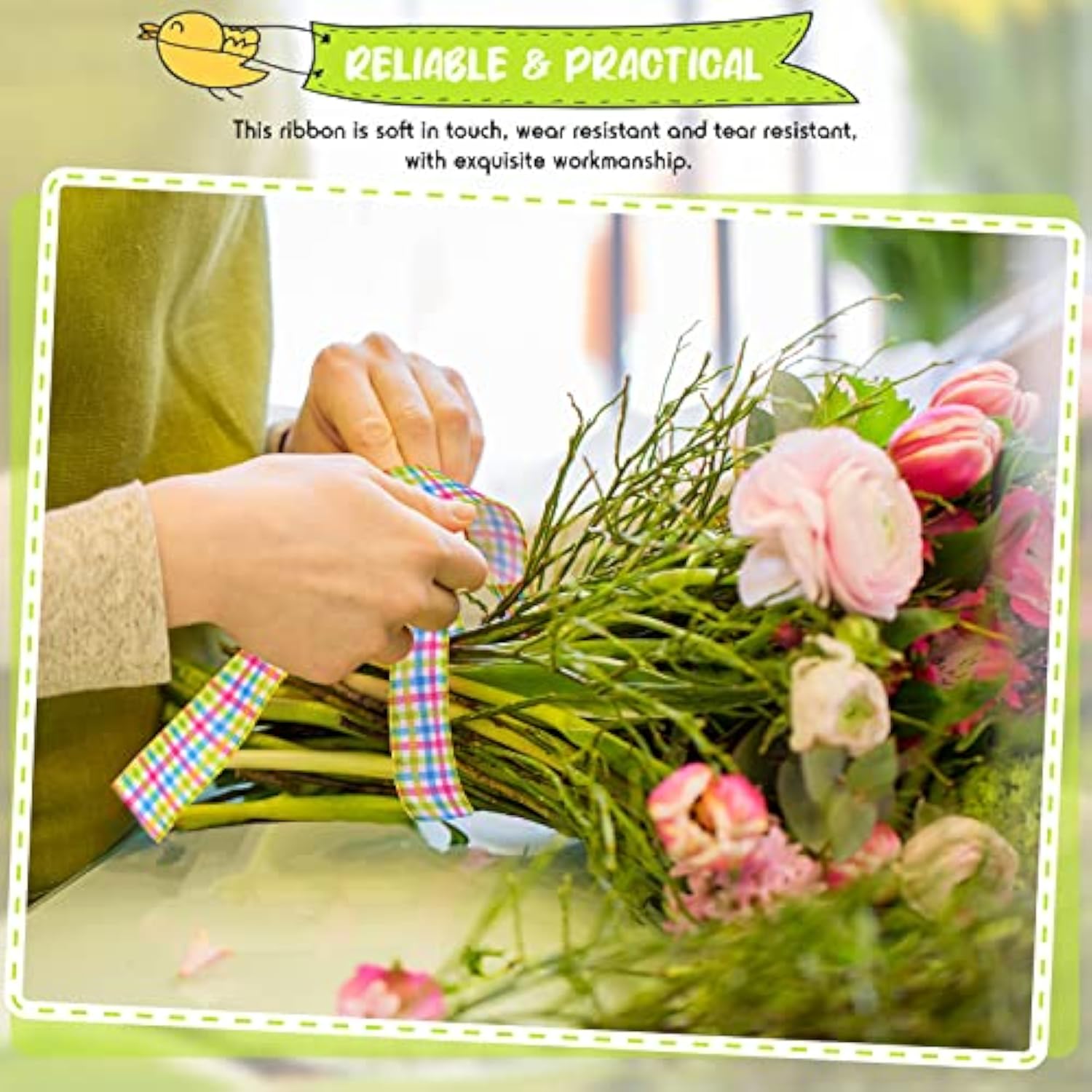 2 Roll 20 Yard Easter Spring Pastel Wired Ribbon, Gingham Ribbon Pink