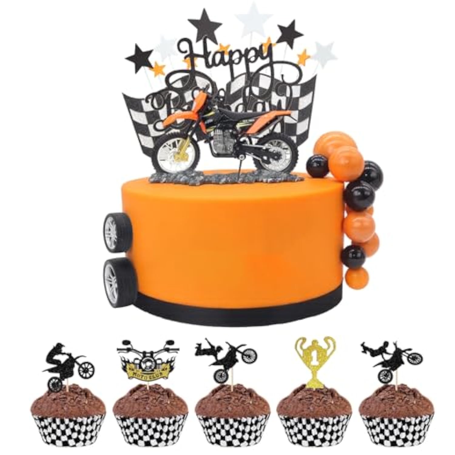 Dirt Bike Cake Topper, 31 Pcs Motorcycle Birthday Party Decorations, Dirtbike Cupcake Toppers For Motocross Race Car Theme Birthday Party Decor Supplies (Orange)