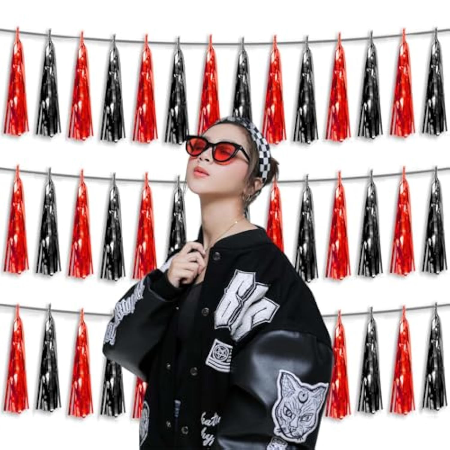 3P Metallic Fringe Tassel Banner Garland Foil Tinsel Streamer Wall Hanging Curtain Backdrop Banner For Parade Floats, Halloween Decorations, Christmas Day Party Decoration(Black Red)