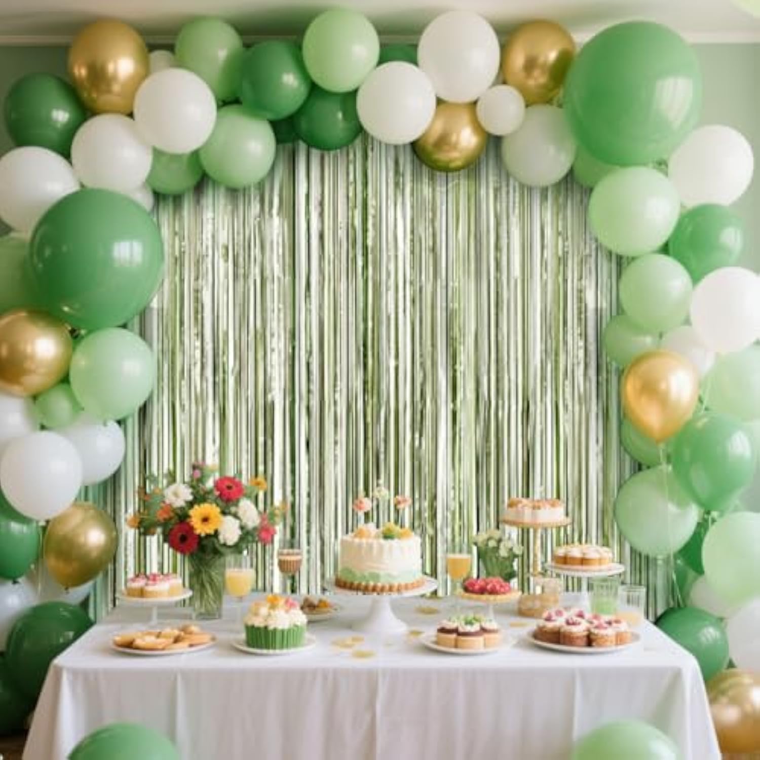4 pack sage green foil fringe curtain glitter tinsel backdrop for parties