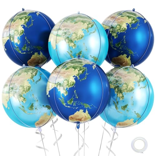 6 Pcs Globe Earth Balloons, 22 Inch Big World Map Foil Balloons, Planet Large Round Sphere Balloon for Travel Adventure Earth Day Birthday Party Decorations
