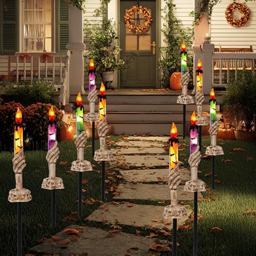 Halloween Decorations, 10 Pack Skull Candle Lights with Stakes, Battery Operated Waterproof Pathway Decor with Timer for Indoor Outdoor Front Pathway Lawn Yard Garden