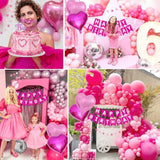 Pink Birthday Party Decorations For Women Girls With Happy Birthday Banner Paper Pompoms Fringe Backdrop Star Garland Hot Pink Balloons Princess Décor