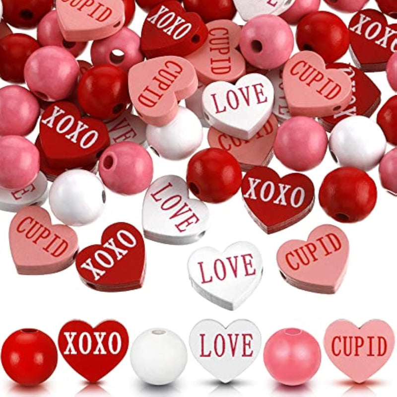 160 Pieces Valentine‘S Day Wooden Bead Heart Wooden Bead Farmhouse Craft Wood Decor Red Pink White Heart Garland For Valentine‘S Day Wedding Diy Crafts Party Decoration