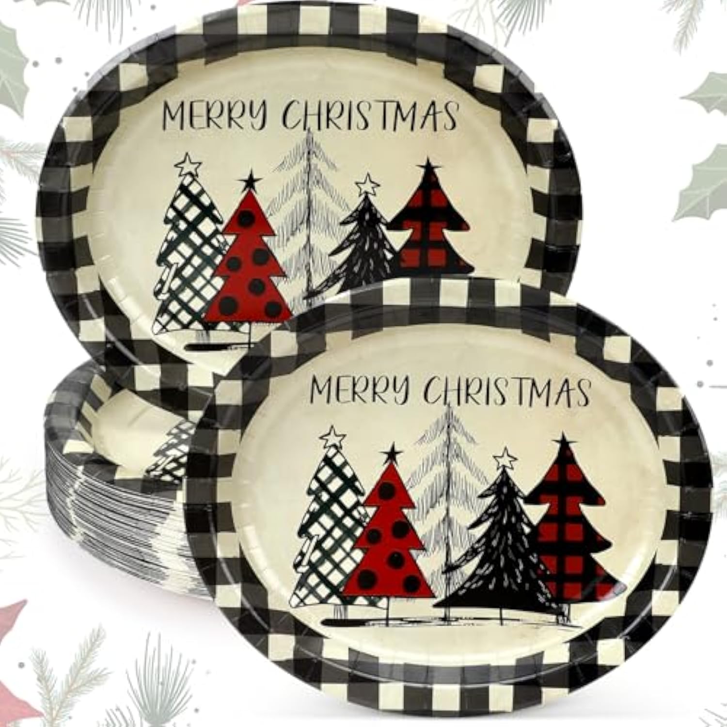 50 Count Christmas Oval Paper Plates Xmas Tree Buffalo Plaid Disposable Platters 10 X 12 Inch Merry Christmas Plates Dinnerware Serving Tray For Holiday Dinner Party Supplies