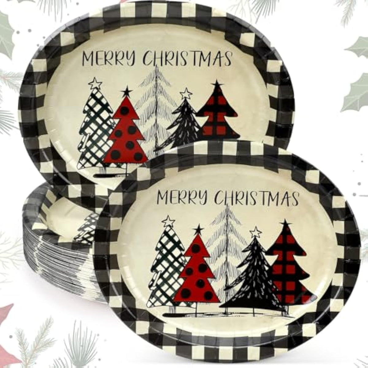 50 Count Christmas Oval Paper Plates Xmas Tree Buffalo Plaid Disposable Platters 10 X 12 Inch Merry Christmas Plates Dinnerware Serving Tray For Holiday Dinner Party Supplies
