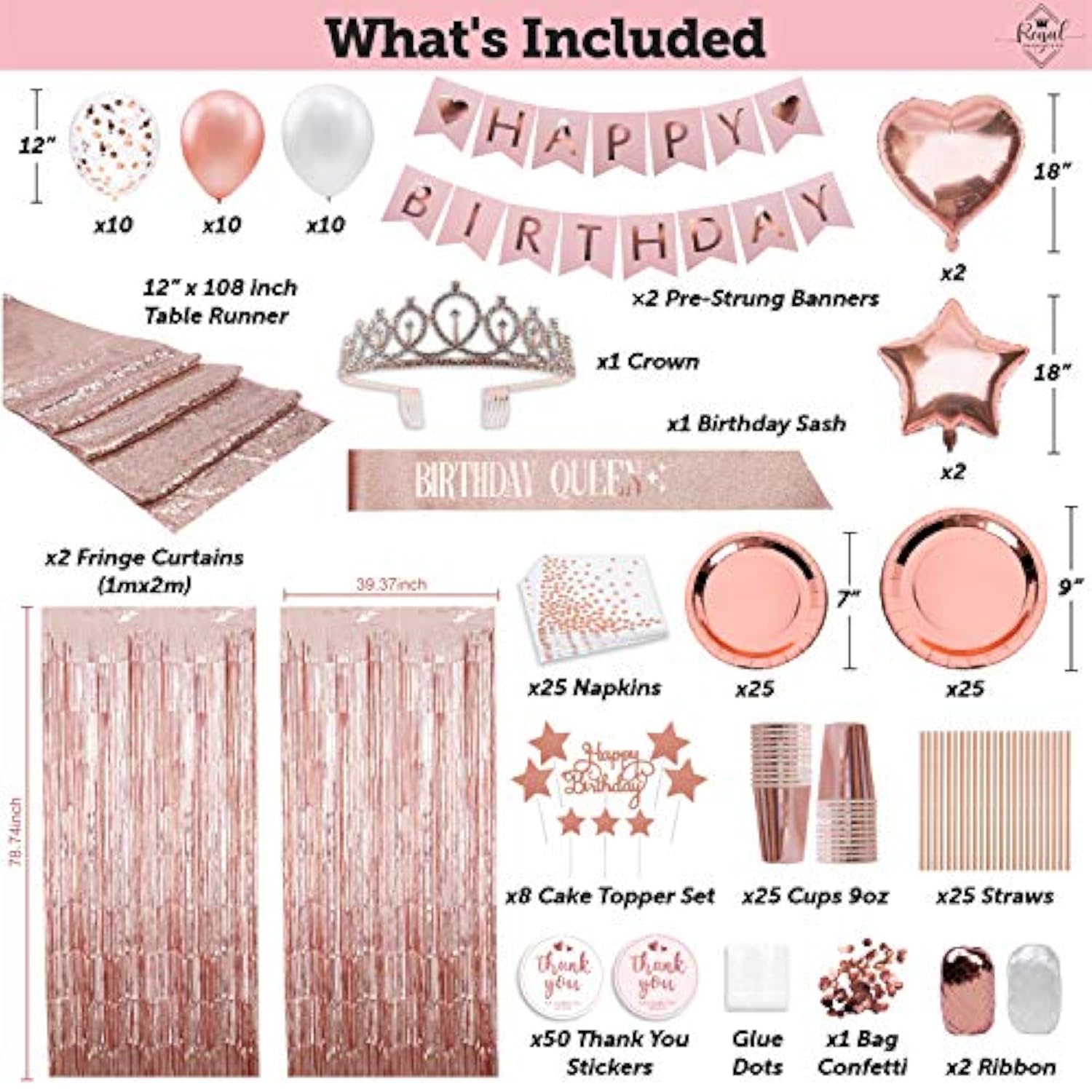 225 Pc Rose Gold Birthday Party Decorations Kit For Girls, Teens, Women - Happy Birthday Banner, Curtains, Table Runner, Balloons, Sash, Tiara, Cake Topper, Plates, Cups, Napkins, Straws For 25 Guests