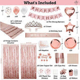 225 Pc Rose Gold Birthday Party Decorations Kit For Girls, Teens, Women - Happy Birthday Banner, Curtains, Table Runner, Balloons, Sash, Tiara, Cake Topper, Plates, Cups, Napkins, Straws For 25 Guests