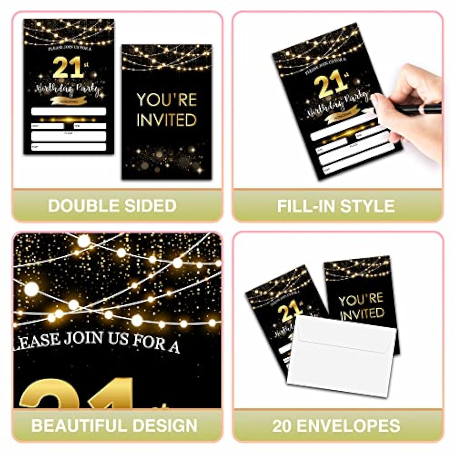 21Th Birthday Invitations With Envelopes - Black Gold Glitter Fill-In Invites Cards - Surprise Birthday Party Invitation Card For Him/Her - Adults Birthday Party Favors Supplies Decorations (20 Pack)