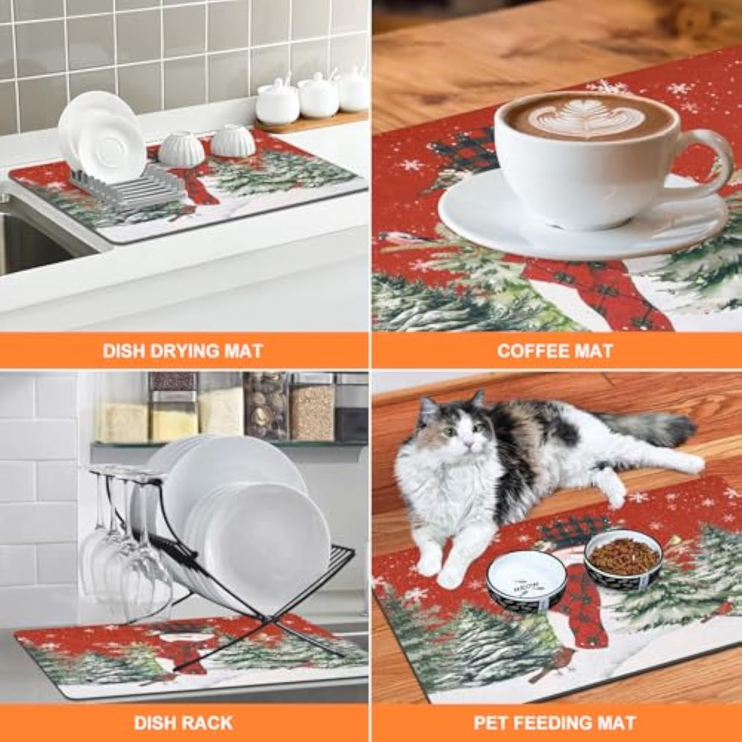 Christmas Dish Drying Mat For Kitchen Counter, 18"X24" Absorbent Snowman Drying Mat With Cardinal Birds Tree, Winter Merry Christmas Dish Rack Mat For Kitchen Counter Coffee Maker Decoration