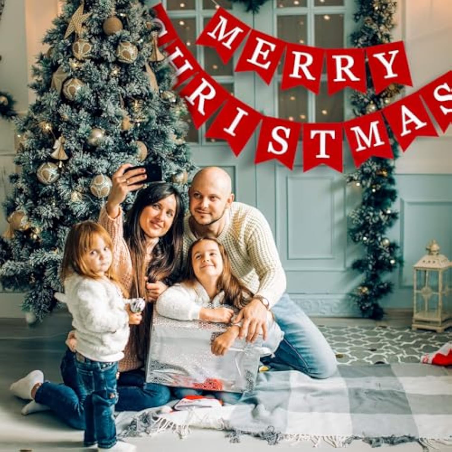 Merry Christmas Canvas Banners, Red Christmas Bunting Garland, Hanging Xmas Decorations For Fireplace Wall (13Ft In Total)