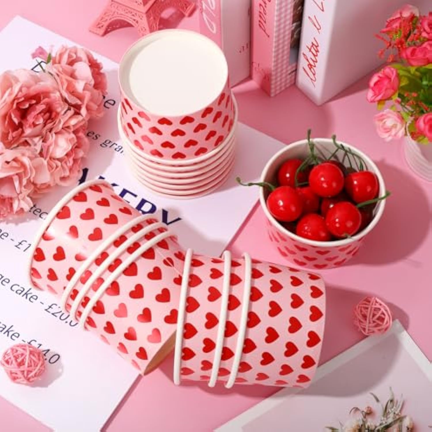 50Pcs Valentine'S Day Treat Snack Cups 8Oz Pink Red Heart Ice Cream Bowl Love Heart Disposable Paper Bowls For Hot Cold Food Decorations