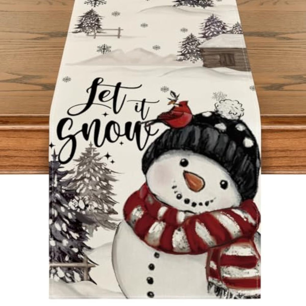 Xmas Trees Let It Snow Black Snowman Christmas Table Runner, Seasonal Winter Holiday Kitchen Dining Table Decoration For Home Party Decor 13X60 Inch