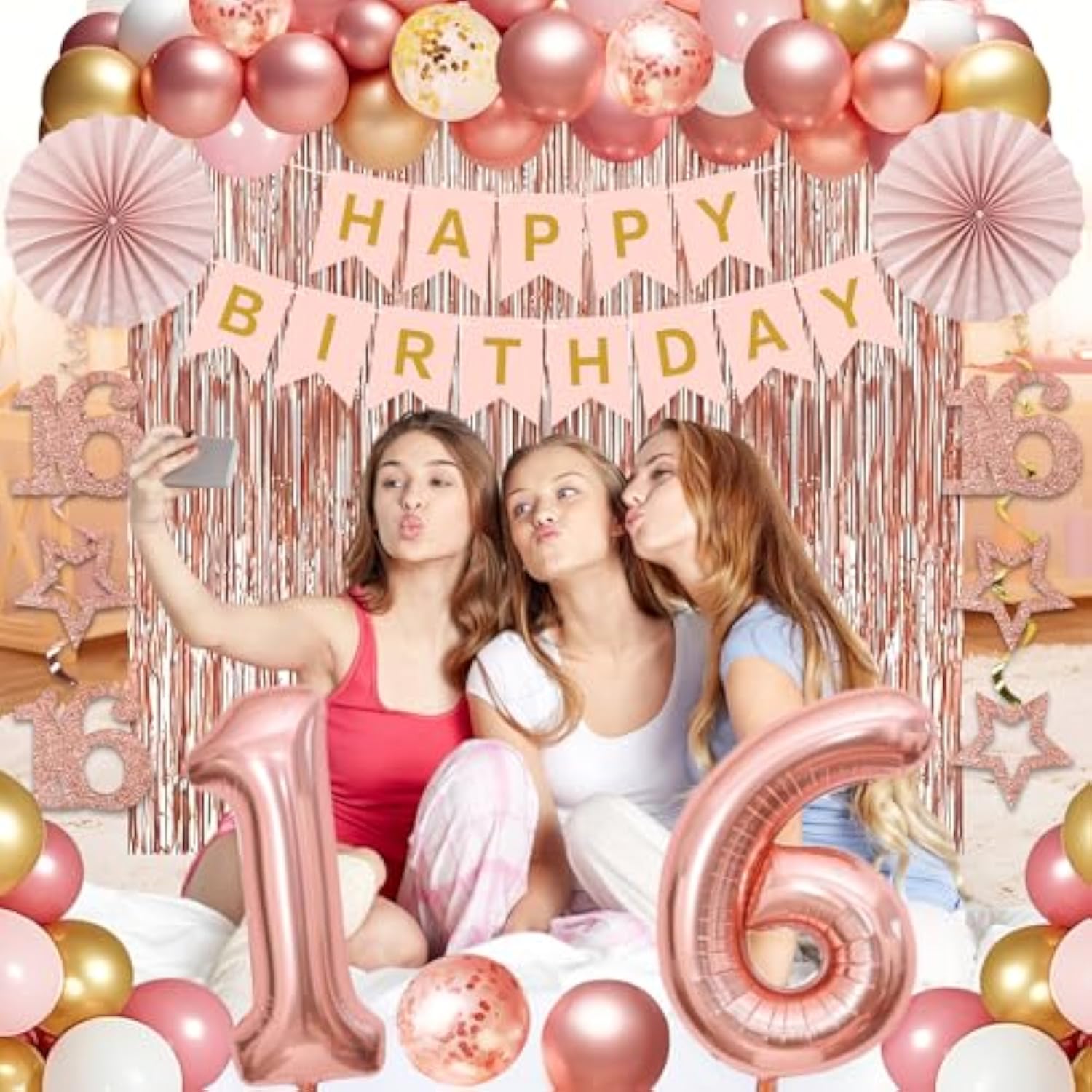 60Pcs 16Th Birthday Decorations Kit For Girls Women, Pink Rose Gold Happy 16Th Birthday Banner, Happy Sixteen Bday Foil Fringe Curtains Balloon Arch Hanging Swirl Party Supplies