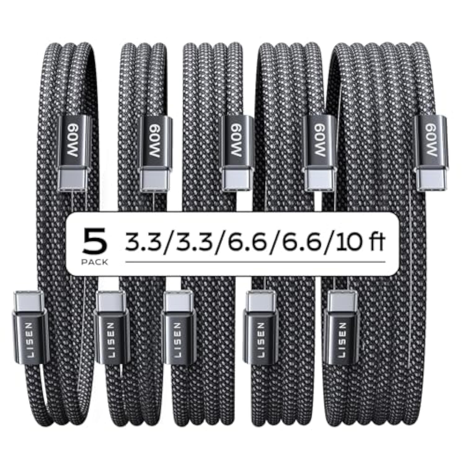 Usb C Cable, 5-Pack [3.3/3.3/6.6/6.6/10Ft] Usbc To Usbc Cable For 16E 15 Pro Max Charger Cord, 60W (3.1A) C To C Cable Fast Charging For Samsung S25/S24/23, Switch 2, Ipad, Macbook