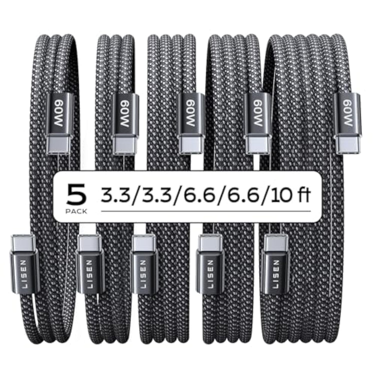 Usb C Cable, 5-Pack [3.3/3.3/6.6/6.6/10Ft] Usbc To Usbc Cable For 16E 15 Pro Max Charger Cord, 60W (3.1A) C To C Cable Fast Charging For Samsung S25/S24/23, Switch 2, Ipad, Macbook
