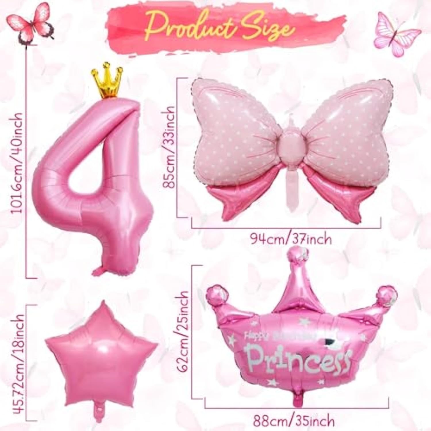 Pink 4Th Birthday Decorations, Pink 4Th Birthday Balloon Set With 40 Inch Pink Number 4, Large Helium Foil Mylar Princess Crown Balloon, Pink Bow Foil Balloons For Girls Birthday Party Decoration