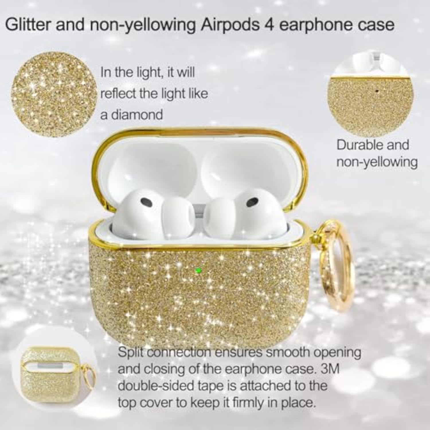 Cute Glitter AirPods 4 Case for Women with Keychain, Bling Hard Airpod iPods 4 Cases, Sparkly Rhinestone Air Pods 4 Generation Case for Women Girl, Model A3058/A3059 (Gold)