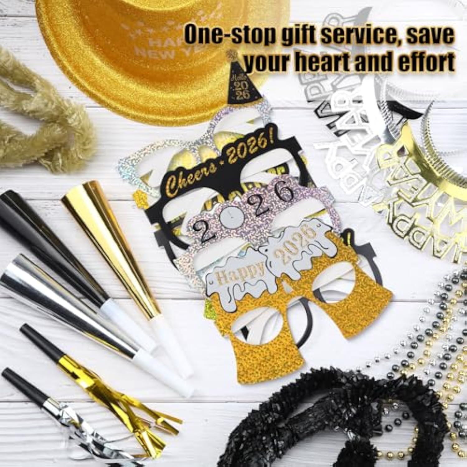 96Pcs New Year Eve 2026 Party Supplies Hats Glasses Necklaces Blowouts for 24 Guests