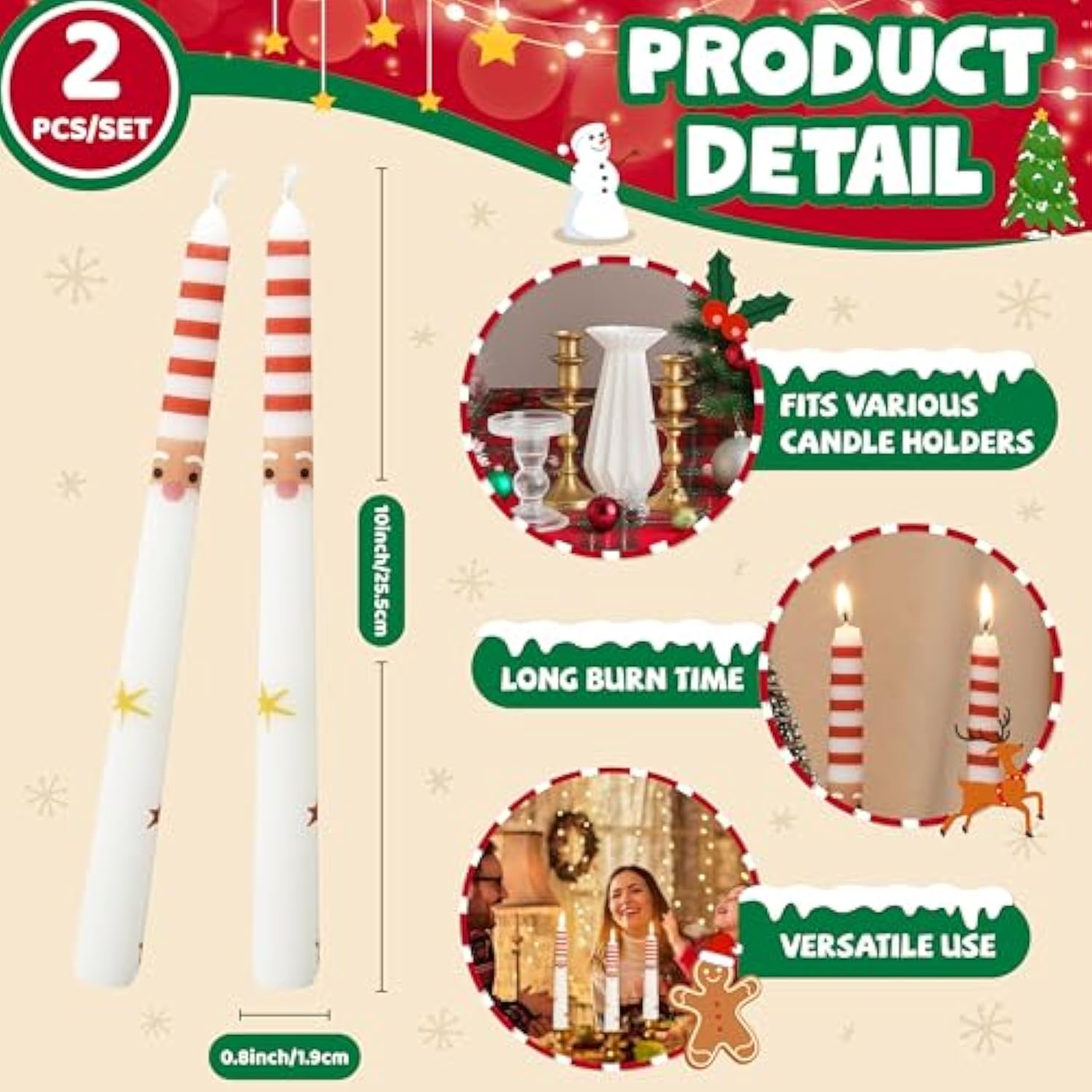 2 Pack Christmas Taper Candles, 10 Inch Unscented Candlesticks With Santa Claus Design For Table Centerpiece, Fireplace Mantel, Advent Wreath, Winter Wedding And Festive Home Decor