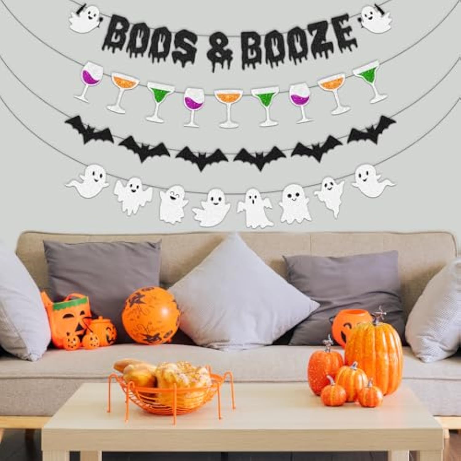 Boos and Booze Banner Funny Halloween Party Decorations with Ghost and Bat Design