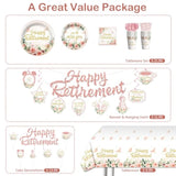 152Pcs Floral Retirement Decorations For Women Tableware Set, 20 Serves Disposable Retirement Plates And Napkins Sets, With 2Pcs Tablecloth, Pre-Strung Banner For We Will Miss You Decorations