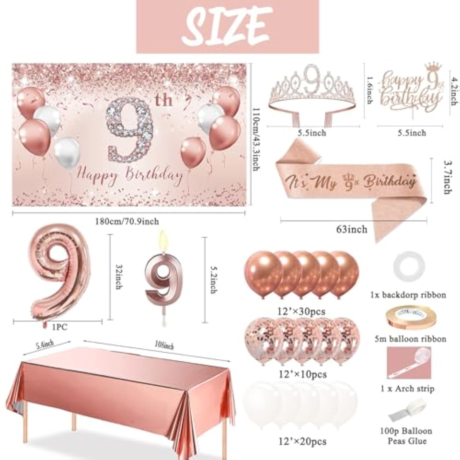 9Th Birthday Decoration Set - Rose Gold Arch, Banner, Tablecloth, Tiara, 60 Latex Balloons