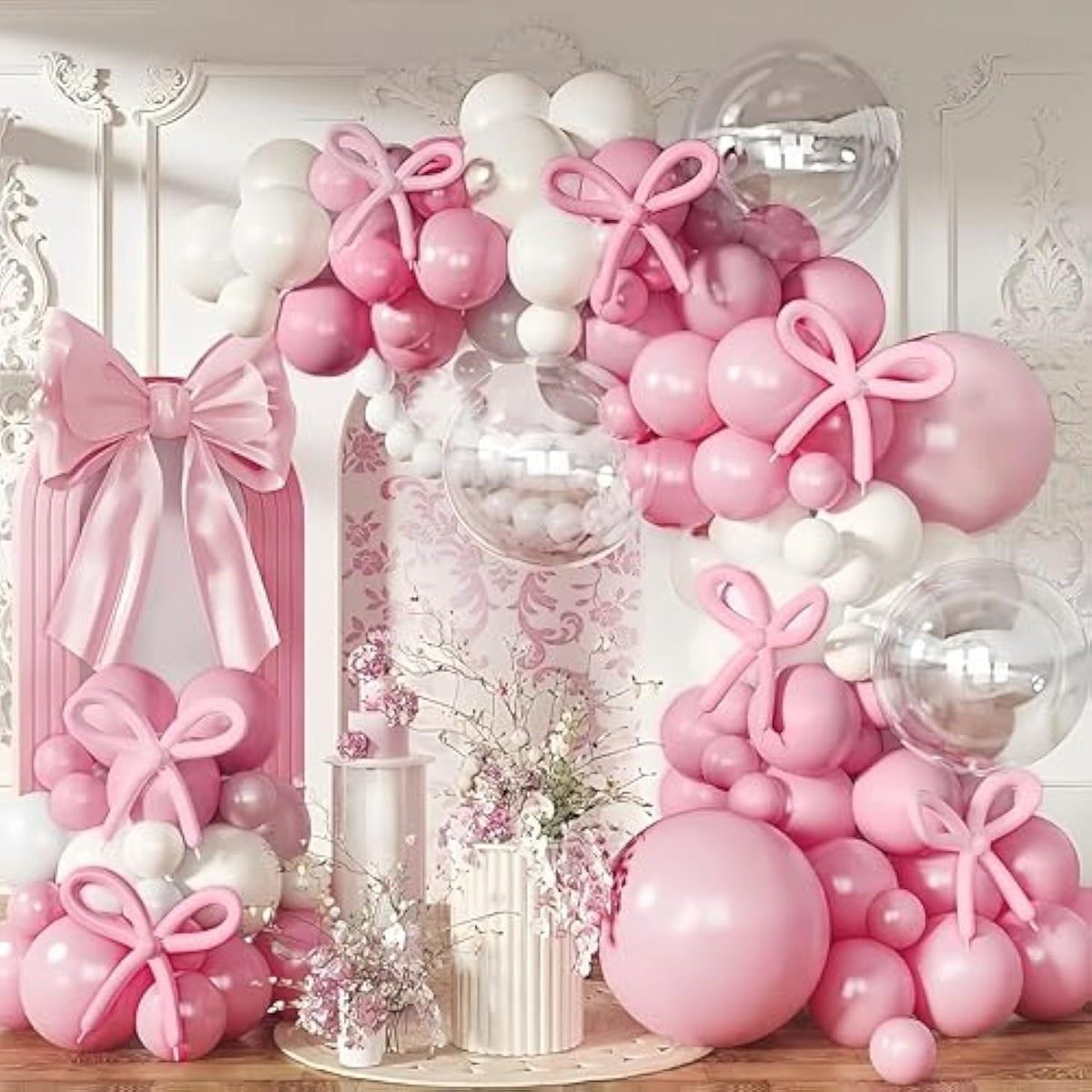 Pastel Pink And White Balloons Arch Kit, 118 Pcs Light Baby Pale Pink Bow Balloon Garland Mit 18 Inch Clear Balloons*3, Macaron Pink Long Balloon As Bow Decor For Girls Birthday Baby Shower Decoration